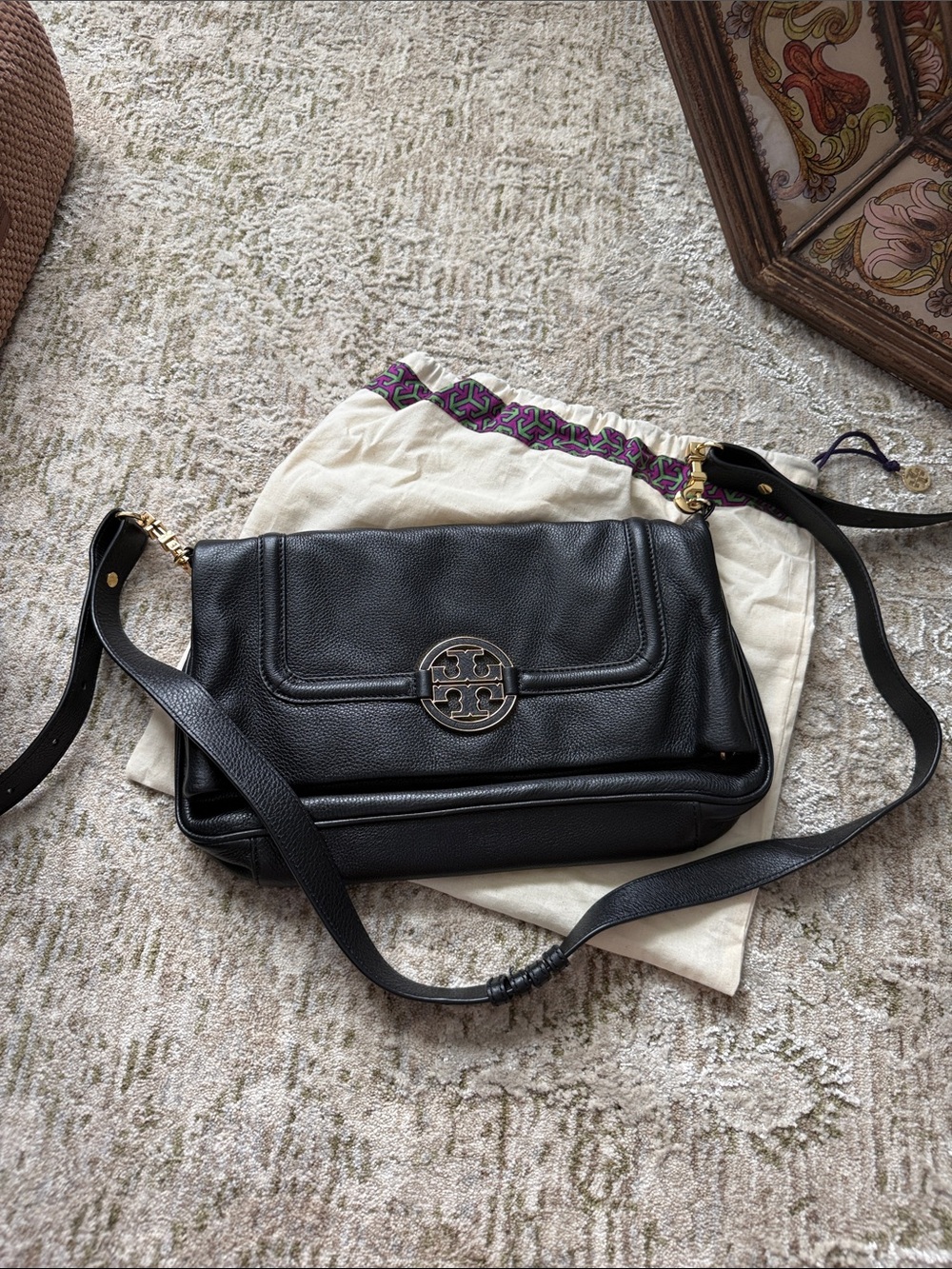 Tory Burch Black Leather Amanda Fold Over Crossbody Bag